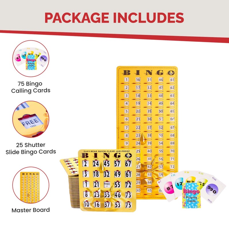 MR CHIPS Complete Bingo Game Set with Jam-Proof Shutter Cards â€“ Easy Read Green Edition â€“ 25 Reusable Large Print Bingo Cards with Sliding Windows, Master Board & Calling Cards â€“ No Chips Needed - Image 3